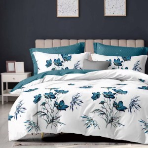 Lenjerie Pat Dublu,  FINET, 6 piese, Alb, Turcuaz, flori