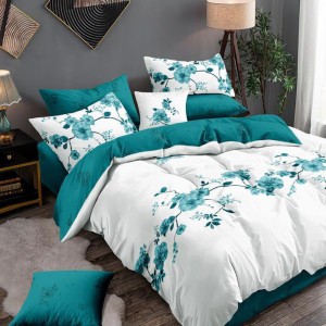 Lenjerie Pat Dublu,  FINET, 6 piese, Alb, Bleu, flori