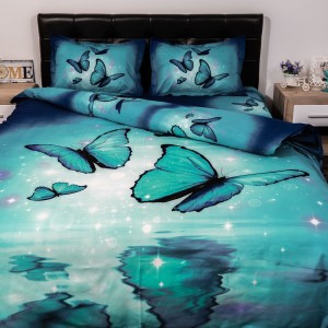 Lenjerie pat dublu, Ralex Pucioasa, Bumbac Satinat, 4 piese, 3D Digital Print, Albastru, fluturi