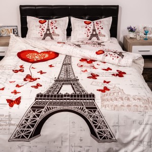 Lenjerie pat dublu, Ralex Pucioasa, Bumbac Satinat, 4 piese, 3D Digital Print, Alb-Gri, Turnul Eiffel