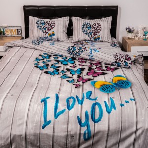 Lenjerie pat dublu, Ralex Pucioasa, Bumbac Satinat, 4 piese, 3D Digital Print, Gri-Albastru , fluturi