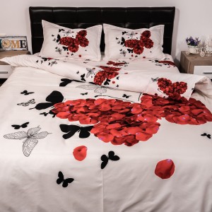 Lenjerie pat dublu, Ralex Pucioasa, Bumbac Satinat, 4 piese, 3D Digital Print, Alb-Rosu, fluturi