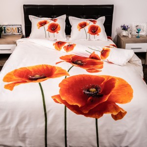 Lenjerie pat dublu, Ralex Pucioasa, Bumbac Satinat, 4 piese, 3D Digital Print, Alb-Rosu , maci