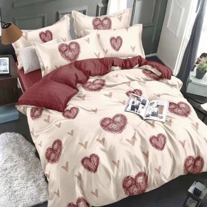 Lenjerie pat dublu, Ralex Pucioasa,  Finet, 6 piese, Bej-Visiniu, inimioare