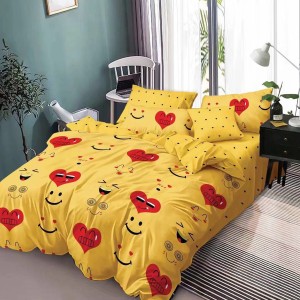 Lenjerie pat dublu, Ralex Pucioasa,  Finet, 6 piese, Galben-Rosu, inimioare