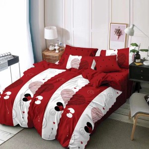 Lenjerie pat dublu, Ralex Pucioasa,  Finet, 6 piese, Alb-Rosu, inimioare, dungi, fundite