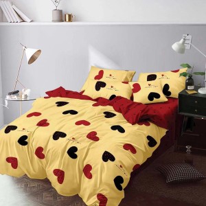 Lenjerie pat dublu, Ralex Pucioasa,  Finet, 6 piese, Galben-Rosu, inimioare
