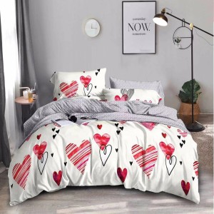 Lenjerie pat dublu, Ralex Pucioasa,  Finet, 6 piese, Crem-Gri, inimioare