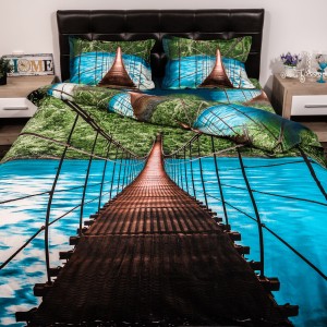 Lenjerie pat dublu, Ralex Pucioasa, Bumbac Satinat, 4 piese, 3D Digital Print, Albastr-Verde, peisaj