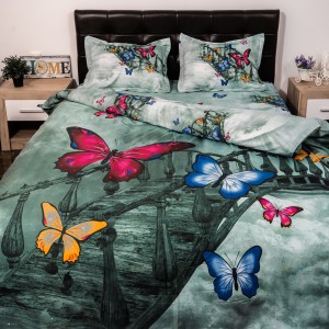Lenjerie pat dublu, Ralex Pucioasa, Bumbac Satinat, 4 piese, 3D Digital Print, Verde-Multicolor, fluturi