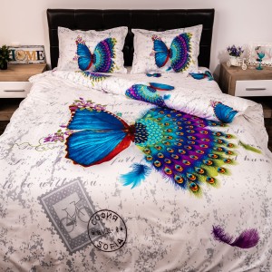 Lenjerie pat dublu, Ralex Pucioasa, Bumbac Satinat, 4 piese, 3D Digital Print, Alb-Multicolor, fluturi