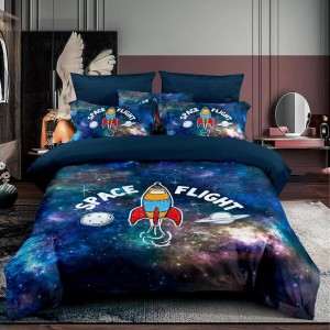 Lenjerie 3D, pat 1 persoana, 3 piese,  Finet, Ralex Pucioasa, stelute, rachete, albastru