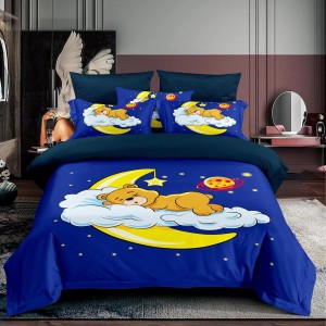 Lenjerie 3D, pat 1 persoana, 3 piese,  Finet, Ralex Pucioasa, stelute, luna, ursulet, albastru