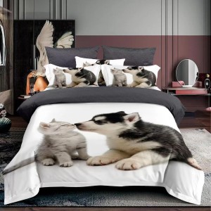 Lenjerie 3D, pat 1 persoana, 3 piese,  Finet, Ralex Pucioasa, pisica, catel, alb, gri 