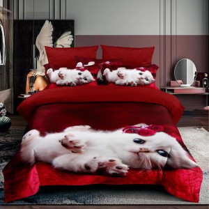 Lenjerie 3D, pat 1 persoana, 3 piese,  Finet, Ralex Pucioasa, pisica , rosu 
