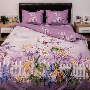 Lenjerie pat dublu, Ralex Pucioasa, Bumbac Satinat, 4 piese, 3D Digital Print, Mov, fluturi