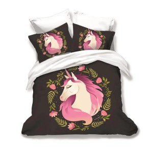 Lenjerie pat dublu, Ralex Pucioasa, 6 piese, Bumbac Finet, imprimeu 3D, IDENTIC CU POZA, Gri, unicorn