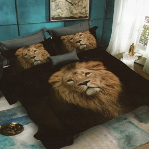 Lenjerie pat dublu, Ralex Pucioasa, 6 piese, Bumbac Finet, imprimeu 3D, IDENTIC CU POZA, Negru, leu