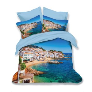 Lenjerie pat dublu, Ralex Pucioasa, 6 piese, Bumbac Finet, imprimeu 3D, IDENTIC CU POZA, Bleu, peisaj