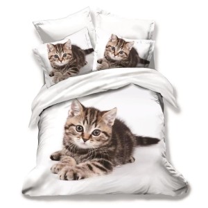 Lenjerie pat dublu, Ralex Pucioasa, 6 piese, Bumbac Finet, imprimeu 3D, IDENTIC CU POZA, Alb, pisica