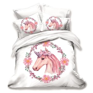 Lenjerie pat dublu, Ralex Pucioasa, 6 piese, Bumbac Finet, imprimeu 3D, IDENTIC CU POZA, Alb, unicorn