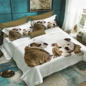 Lenjerie pat dublu, Ralex Pucioasa, 6 piese, Bumbac Finet, imprimeu 3D, IDENTIC CU POZA, Alb, catel