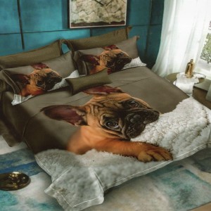 Lenjerie pat dublu, Ralex Pucioasa, 6 piese, Bumbac Finet, imprimeu 3D, IDENTIC CU POZA, Maro, catel