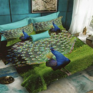 Lenjerie pat dublu, Ralex Pucioasa, 6 piese, Bumbac Finet, imprimeu 3D, IDENTIC CU POZA, Verde, paun