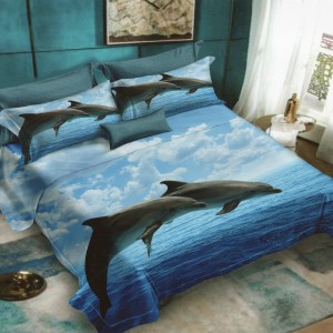 Lenjerie pat dublu, Ralex Pucioasa, 6 piese, Bumbac Finet, imprimeu 3D, IDENTIC CU POZA, Albastru, delfini