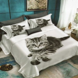Lenjerie pat dublu, Ralex Pucioasa, 6 piese, Bumbac Finet, imprimeu 3D, IDENTIC CU POZA, Alb, pisica