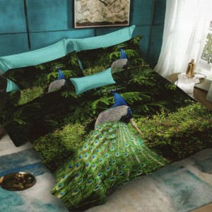 Lenjerie pat dublu, Ralex Pucioasa, 6 piese, Bumbac Finet, imprimeu 3D, IDENTIC CU POZA, Verde, paun