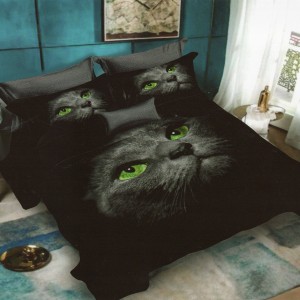 Lenjerie pat dublu, Ralex Pucioasa, 6 piese, Bumbac Finet, imprimeu 3D, IDENTIC CU POZA, Negru, pisica