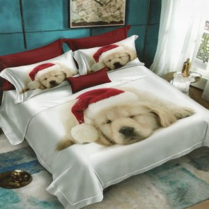 Lenjerie pat dublu, Ralex Pucioasa, 6 piese, Bumbac Finet, imprimeu 3D, IDENTIC CU POZA, Alb, catel