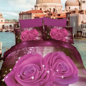 Lenjerie pat dublu, Ralex Pucioasa, Bumbac Satinat, 4 piese, 3D Digital Print, Negru-Mov, trandafiri