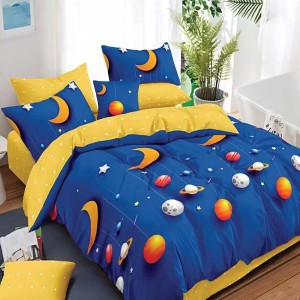 Lenjerie pat dublu, Ralex Pucioasa,  Finet, 6 piese, Albastru-Galben, planete