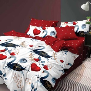 Lenjerie pat dublu, Ralex Pucioasa,  Finet, 6 piese, Alb-Rosu, lebede, inimioare