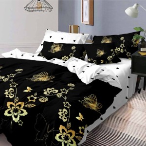 Lenjerie pat dublu, Ralex Pucioasa, Bumbac Finet, 6 piese, Alb-Negru, flori, fluturi