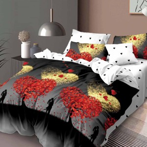 Lenjerie pat dublu, Ralex Pucioasa, Bumbac Finet, 6 piese, Alb-Negru, indragostiti, inimioare