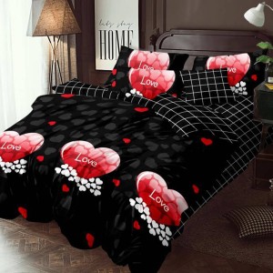 Lenjerie pat dublu, Ralex Pucioasa,  Finet, 6 piese, Rosu-Negru, inimioare