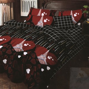 Lenjerie pat dublu, Ralex Pucioasa,  Finet, 6 piese, Negru-Rosu, Turnul Eiffel, inimioare
