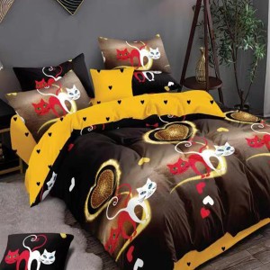 Lenjerie pat dublu, Ralex Pucioasa,  Finet, 6 piese, Maro-Galben, pisici, inimioare