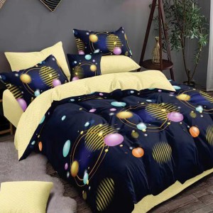 Lenjerie pat dublu, Ralex Pucioasa,  Finet, 6 piese, Bleumarin-Galben, planete