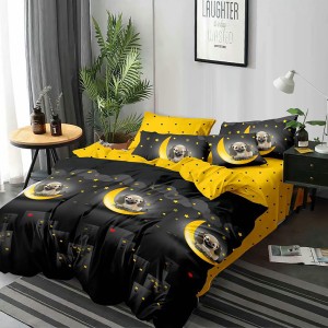 Lenjerie pat dublu, Ralex Pucioasa,  Finet, 6 piese, Gri-Galben, catelusi, stelute, inimioare