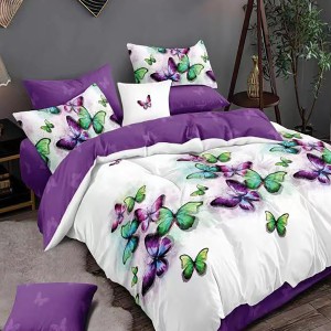 Lenjerie pat dublu, Ralex Pucioasa, Bumbac Finet, 6 piese, Alb-Mov, fluturi Lenjerie pat dublu, Ralex Pucioasa, Bumbac Finet, 6 piese, Alb-Mov, fluturi