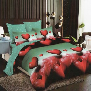 Lenjerie pat dublu, Ralex Pucioasa,  Finet, 6 piese, Verde-Rosu, inimioare