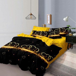Lenjerie pat dublu, Ralex Pucioasa,  Finet, 6 piese, Negru-Galben, inimioare