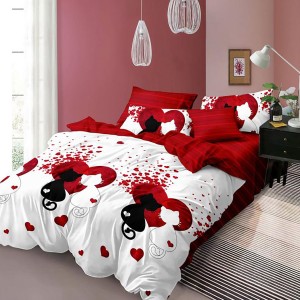 Lenjerie pat dublu, Ralex Pucioasa,  Finet, 6 piese, Alb-Rosu, pisici, inimioare