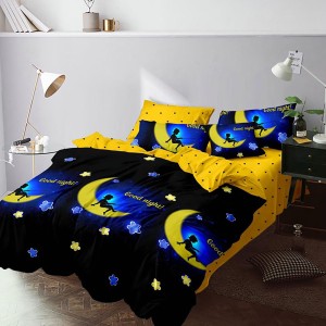 Lenjerie pat dublu, Ralex Pucioasa,  Finet, 6 piese, Bleumarin-Galben, stelute, luna