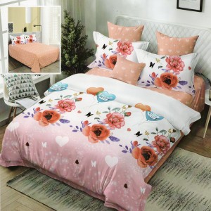 Lenjerie pat dublu, Ralex Pucioasa,  Finet, 6 piese, Alb-Roz, flori, inimioare