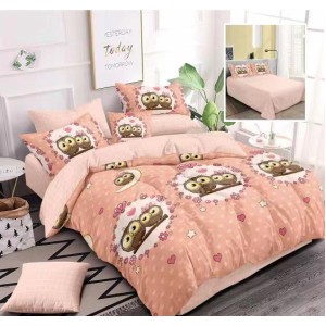 Lenjerie pat dublu, Ralex Pucioasa,  Finet, 6 piese, Roz, bufnite, inimioare